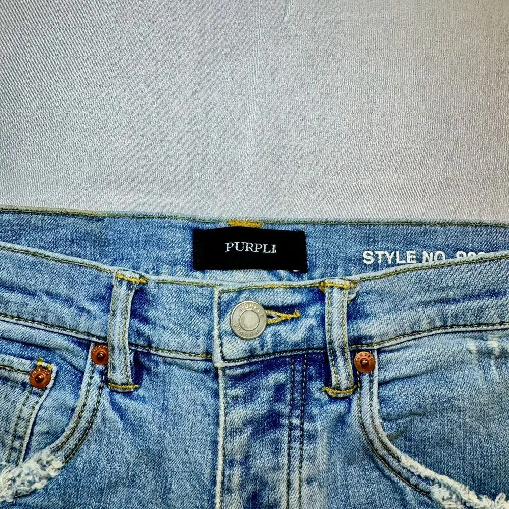 Purple Distressed Denim Shorts Light Wash Women's 29 Button Fly Y2K Streetwear - Picture 4 of 15